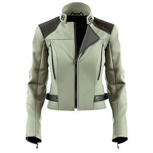 Women's Sage Green Quilted Biker Genuine Sheepskin Leather Jacket