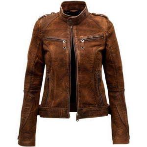 Women's Classic Distressed Brown Genuine Suede Leather Jacket