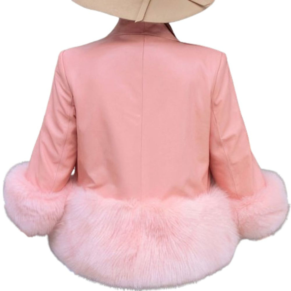 Women’s Pink Faux Shearling Fur Korean-Style Sheepskin Leather Jacket