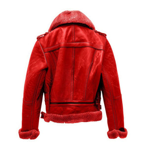 Women’s Red Genuine Sheepskin Faux Shearling Fur Leather Jacket