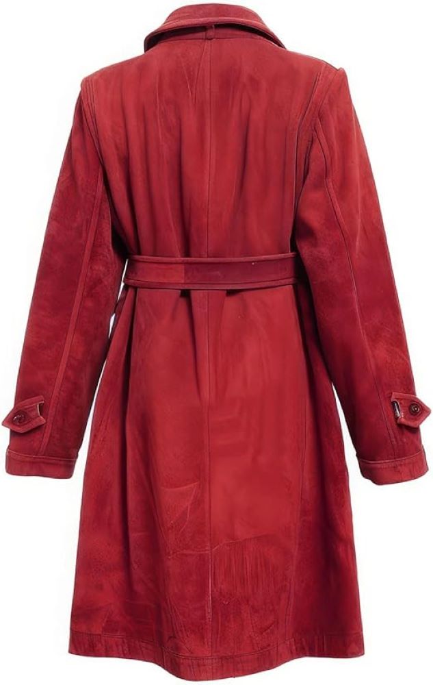 Women’s Red  Genuine Suede Elegant Crossover Lapel Collar Trench Coat