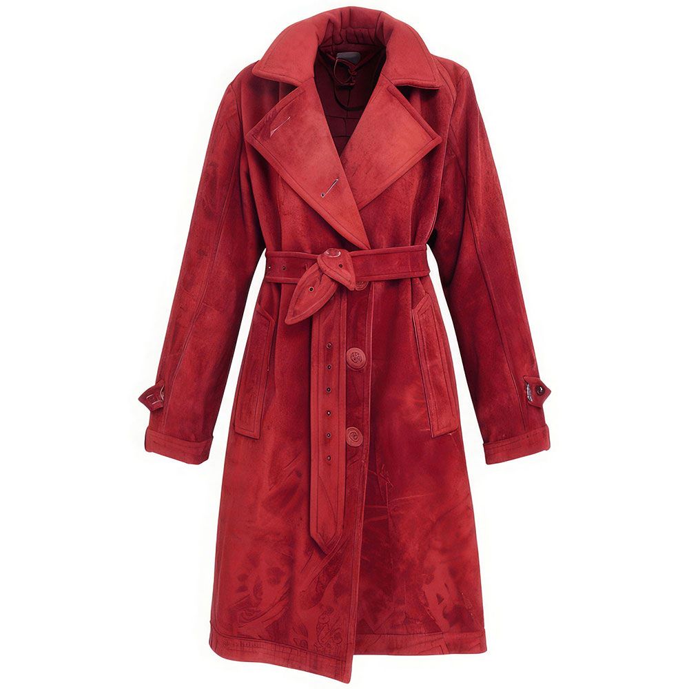 Women’s Red  Genuine Suede Elegant Crossover Lapel Collar Trench Coat