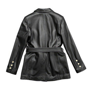 Women’s Solid Black Safari Belted Premium Sheepskin Leather Coat