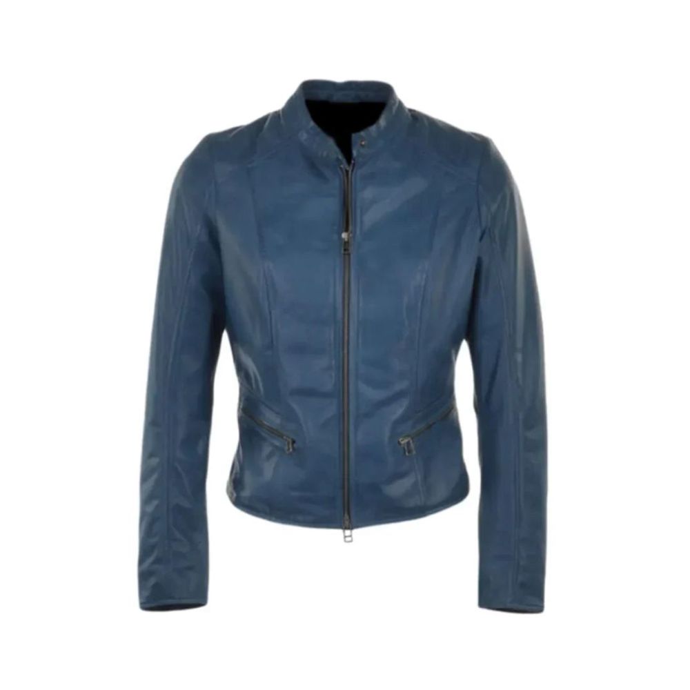 Women’s Winter Retro Blue Biker Genuine Sheepskin Leather Jacket