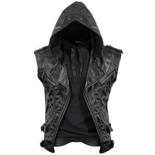 Men's Classic Black Hooded Genuine Sheepskin Leather Vest Coat