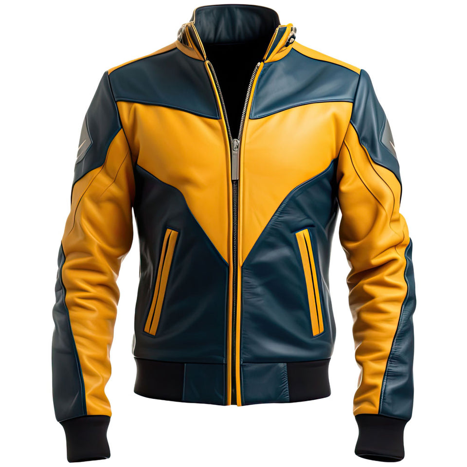 Men’s Mustard-Yellow-Blue Genuine Sheepskin Leather Jacket