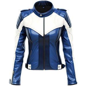 Women’s Classic Blue White Motorcycle Genuine Sheepskin leather jacket