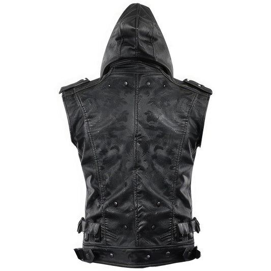 Men's Classic Black Hooded Genuine Sheepskin Leather Vest Coat
