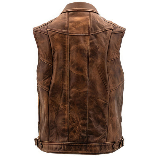 Men’s Distressed Brown Genuine Sheepskin Leather Vest Coat