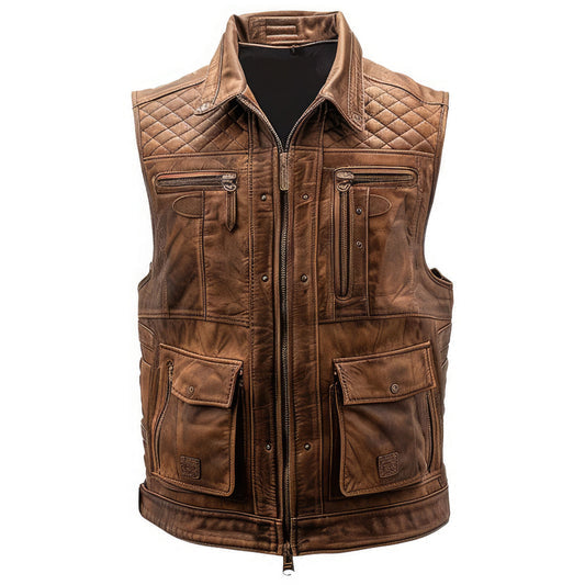 Men’s Distressed Brown Genuine Sheepskin Leather Vest Coat