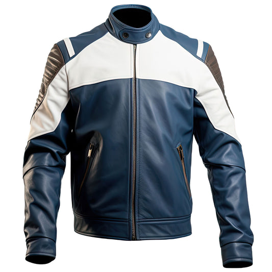 Men's Navy Blue Motorcycle Genuine Sheepskin Leather Jacket