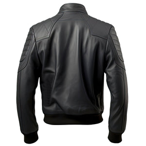 Men’s Black Genuine Sheepskin Rib Knit Slim-Fit Leather Bomber Jacket