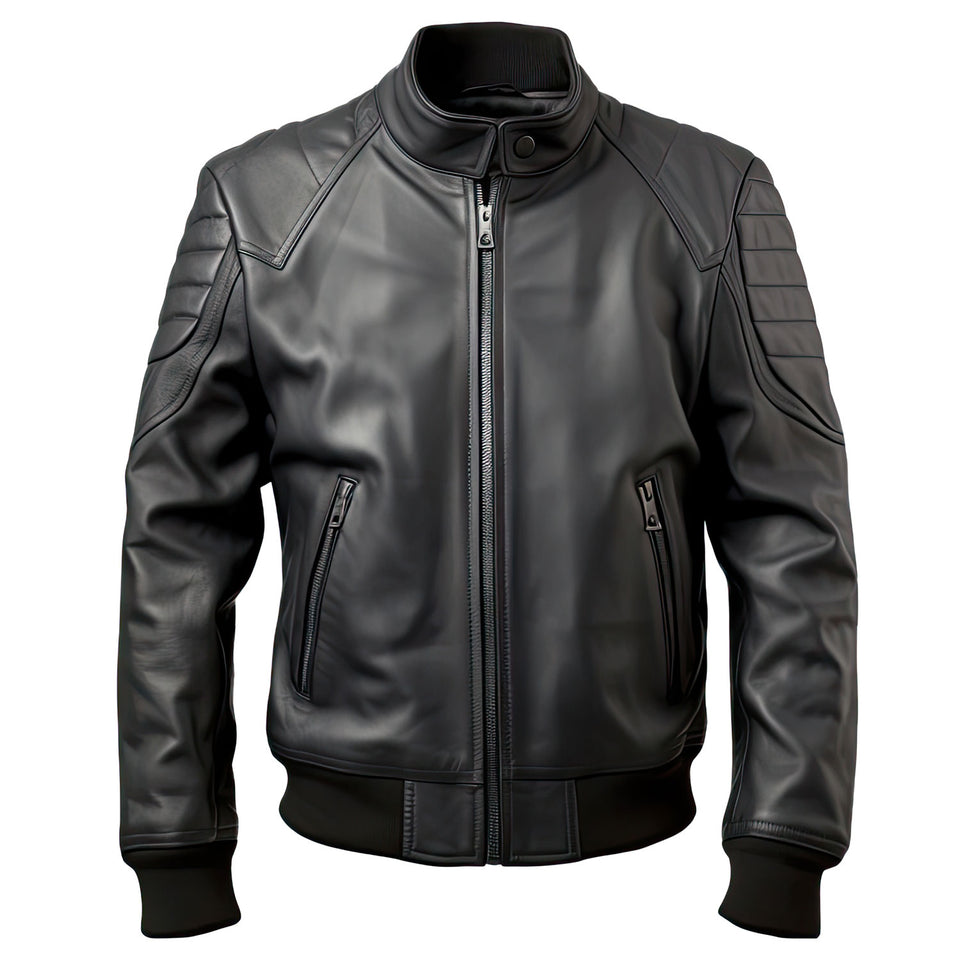 Men’s Black Genuine Sheepskin Rib Knit Slim-Fit Leather Bomber Jacket