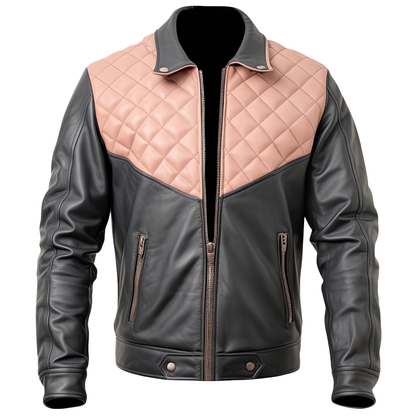 Men’s Pink Charcoal Grey Genuine Sheepskin Quilted Leather Jacket