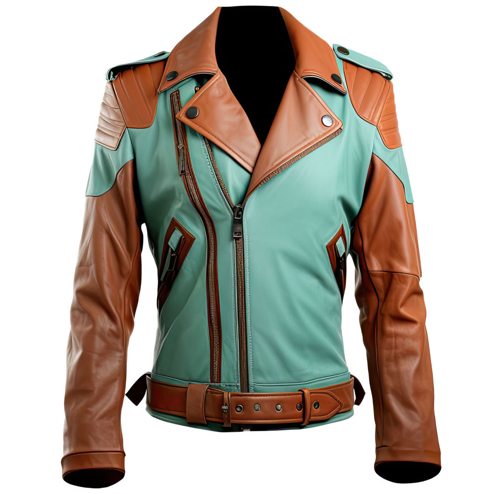 Men's Green Brown YKK Zipper Genuine Lambskin Biker Leather jacket