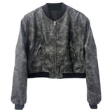 Women’s Distressed Grey Bomber Genuine Sheepskin Leather Jacket