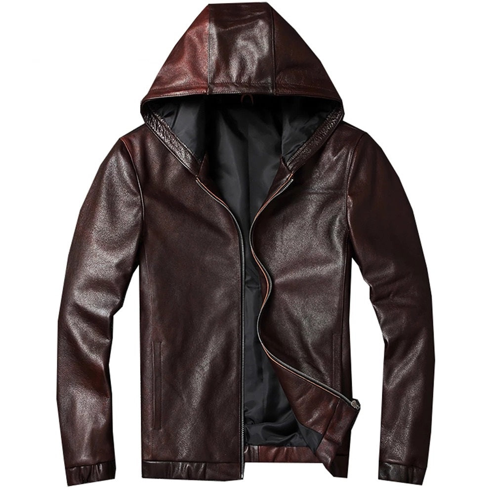 Mens Phantom Simple Genuine Lambskin Leather Hooded Bomber Jacket