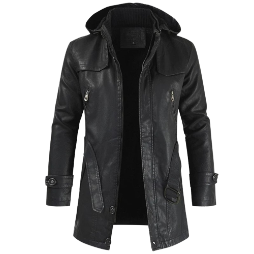 Mens Onyx Front Button and Zippered Hooded Leather Coat