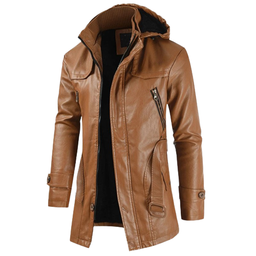 Mens Onyx Front Button and Zippered Hooded Leather Coat