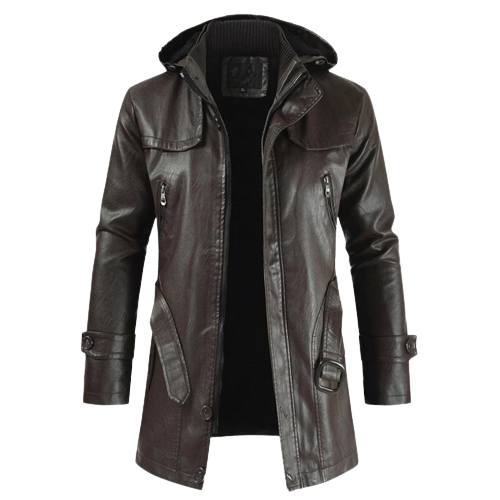 Mens Onyx Front Button and Zippered Hooded Leather Coat