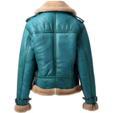 Women's Teal blue  Shearling Faux Fur Aviator Leather Jacket