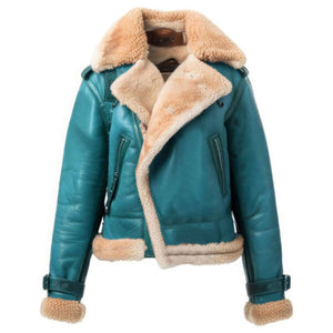 Women's Teal blue  Shearling Faux Fur Aviator Leather Jacket